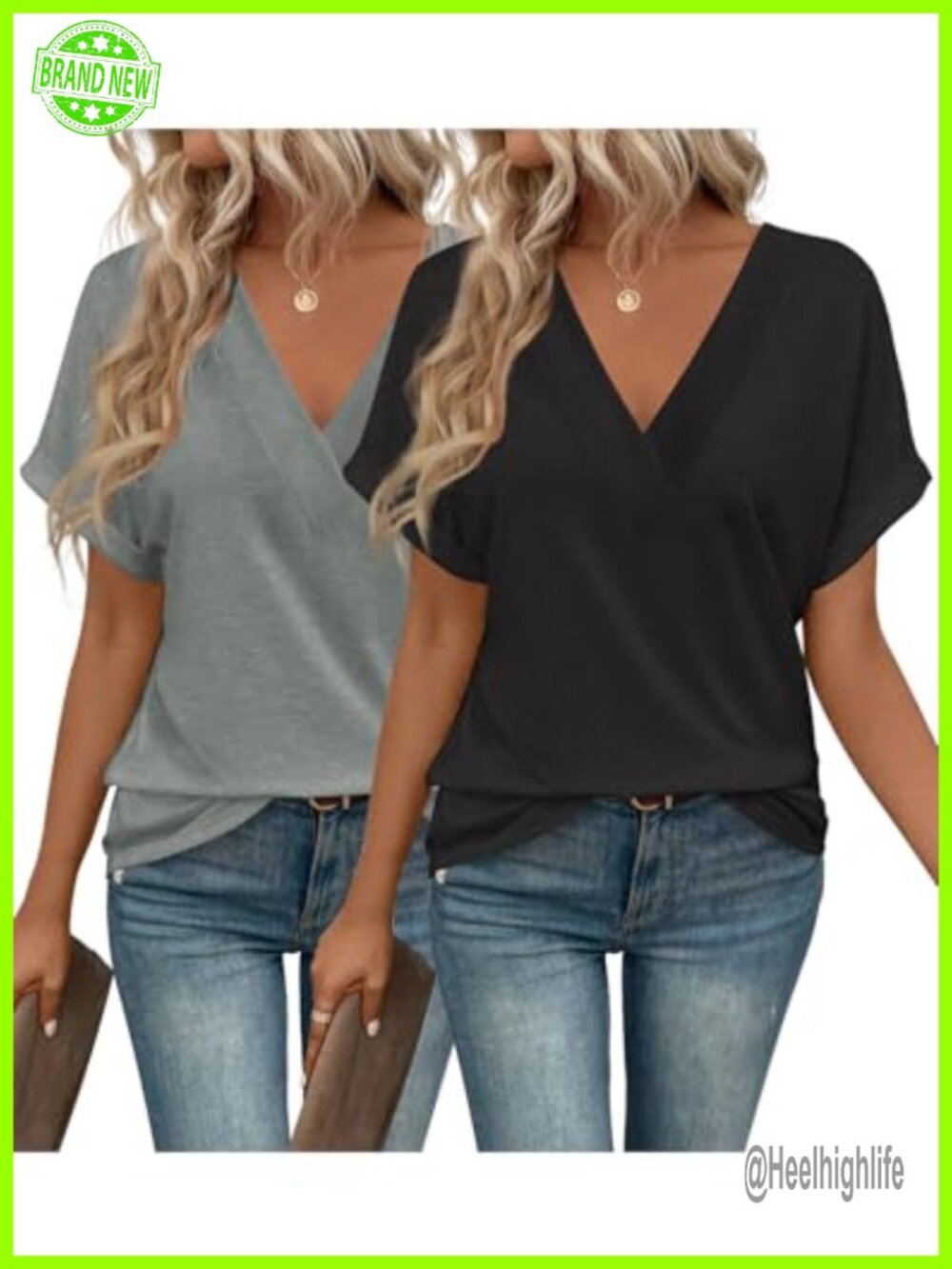 2 Pack Women's V Neck Short Sleeve T Shirts Loose Fit Casual Summer Tees